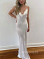 White Satin Spaghetti Straps Mermaid Long Evening Prom Dresses, Cowl-Neck Custom Prom Dress, YD0135