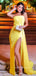 Strapless Yellow Mermaid Long Evening Prom Dresses, Cheap Custom Side Slit Prom Dress, YD0137