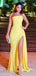 Strapless Yellow Mermaid Long Evening Prom Dresses, Cheap Custom Side Slit Prom Dress, YD0137