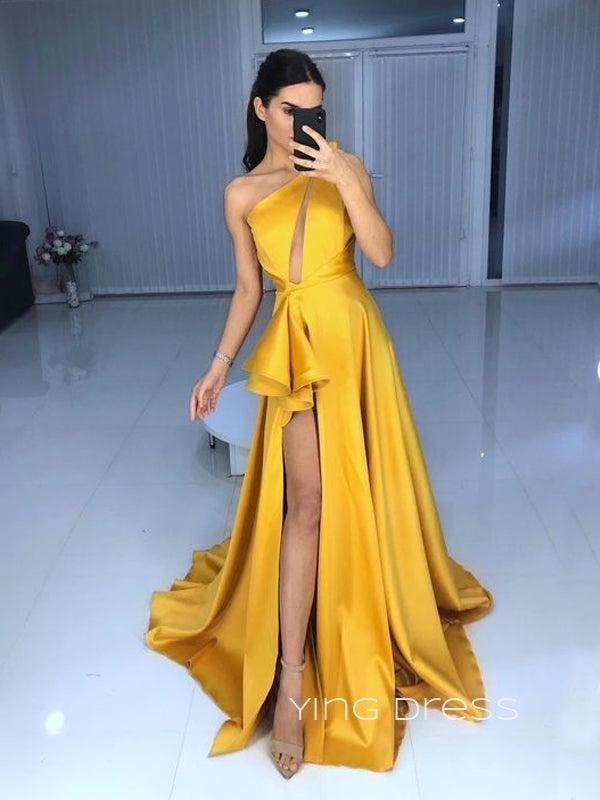 Formal Marigold Satin A-line Long Evening Prom Dresses, Cheap Custom High Slit Prom Dress, YD0139