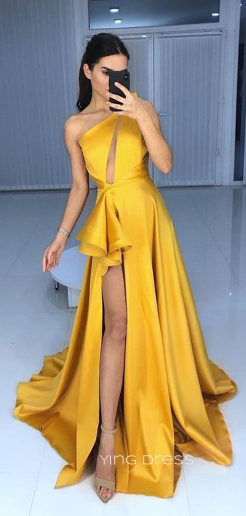 Formal Marigold Satin A-line Long Evening Prom Dresses, Cheap Custom High Slit Prom Dress, YD0139