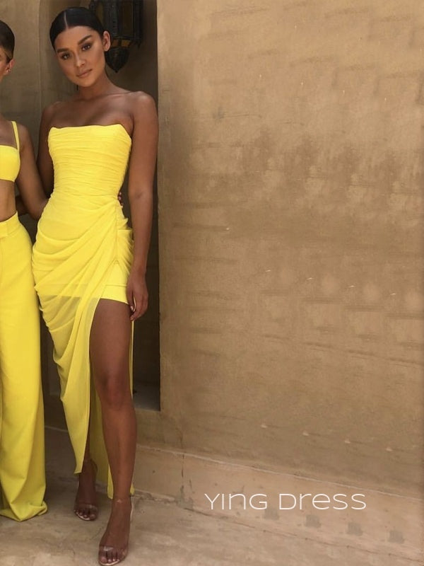 Mermaid Yellow Strapless Long Evening Prom Dresses, Cheap Custom Side Slit Prom Dress, YD0141