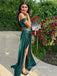 Dark Green Satin One Shoulder Long Evening Prom Dresses, Cheap Mermaid Prom Dress, YD0147