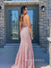 Pink Lace Mermaid Spaghetti Straps Long Evening Prom Dresses, Cheap Backless Prom Dress, YD0148