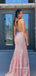 Pink Lace Mermaid Spaghetti Straps Long Evening Prom Dresses, Cheap Backless Prom Dress, YD0148