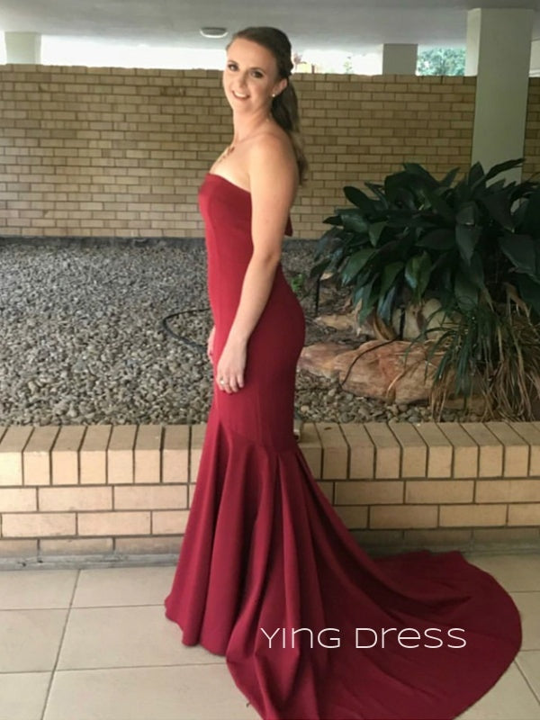 Pretty Burgundy Mermaid Long Evening Prom Dresses, Custom Strapless Prom Dress, YD0152