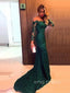 Formal Emerald Green Lace Off Shoulder Long Evening Prom Dresses, Mermaid Long Sleeves Backless Prom Dress, YD0153