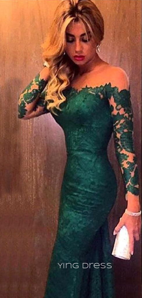 Formal Emerald Green Lace Off Shoulder Long Evening Prom Dresses, Mermaid Long Sleeves Backless Prom Dress, YD0153