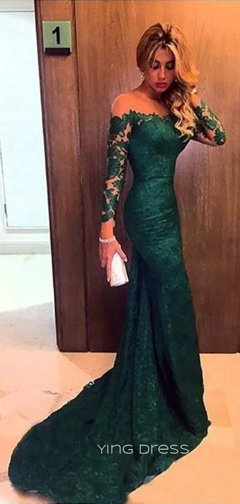 Formal Emerald Green Lace Off Shoulder Long Evening Prom Dresses, Mermaid Long Sleeves Backless Prom Dress, YD0153