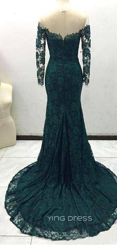 Formal Emerald Green Lace Off Shoulder Long Evening Prom Dresses, Mermaid Long Sleeves Backless Prom Dress, YD0153