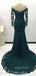 Formal Emerald Green Lace Off Shoulder Long Evening Prom Dresses, Mermaid Long Sleeves Backless Prom Dress, YD0153