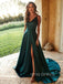 A-line Dark Green Satin Side Slit Long Evening Prom Dresses, Cheap Spaghetti Straps Prom Dress, YD0154