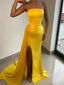 Strapless Gold Satin Mermaid Long Evening Prom Dresses, Cheap Side Slit Prom Dress, YD0156