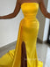 Strapless Gold Satin Mermaid Long Evening Prom Dresses, Cheap Side Slit Prom Dress, YD0156