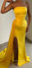 Strapless Gold Satin Mermaid Long Evening Prom Dresses, Cheap Side Slit Prom Dress, YD0156