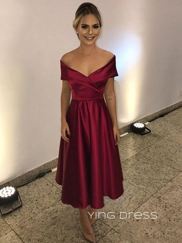 Off Shoulder Burguny Satin Long Evening Prom Dresses, Cheap A-line Short Prom Dress, YD0158