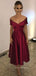 Off Shoulder Burguny Satin Long Evening Prom Dresses, Cheap A-line Short Prom Dress, YD0158