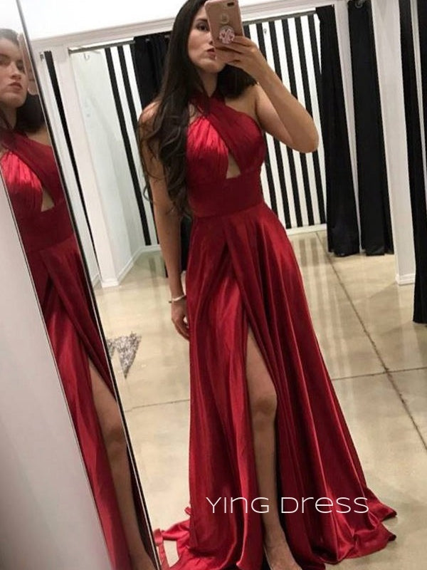 A-line Dark Red Satin Long Evening Prom Dresses, Cheap Side Slit Prom Dress, YD0159