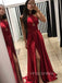 A-line Dark Red Satin Long Evening Prom Dresses, Cheap Side Slit Prom Dress, YD0159