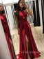 A-line Dark Red Satin Long Evening Prom Dresses, Cheap Side Slit Prom Dress, YD0159