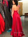 A-line Dark Red Satin Long Evening Prom Dresses, Cheap Side Slit Prom Dress, YD0159