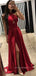 A-line Dark Red Satin Long Evening Prom Dresses, Cheap Side Slit Prom Dress, YD0159