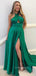 Emerald Green Satin A-line Halter Long Evening Prom Dresses, Cheap Side Slit Prom Dress, YD0160