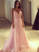 Pink Tulle Appliques A-line Long Evening Prom Dresses, Custom Spaghetti Straps Prom Dress, YD0161