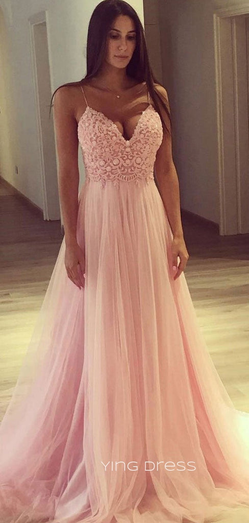 Pink Tulle Appliques A-line Long Evening Prom Dresses, Custom Spaghetti Straps Prom Dress, YD0161