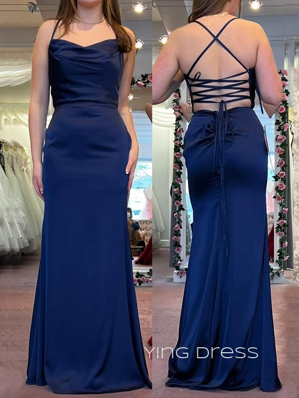 Simple Navy Blue Satin Long Evening Prom Dresses, Cheap Mermaid Prom Dress, YD0163