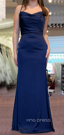 Simple Navy Blue Satin Long Evening Prom Dresses, Cheap Mermaid Prom Dress, YD0163