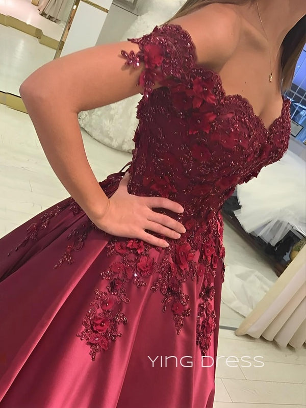 A-line Dark Red Satin Appliques Long Evening Prom Dresses, Off Shoulder Prom Dress, YD0164