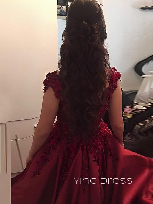 A-line Dark Red Satin Appliques Long Evening Prom Dresses, Off Shoulder Prom Dress, YD0164