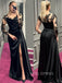 Long Sleeves Mermaid Black Satin Appliqyes Long Evening Prom Dresses, Side Slit Prom Dress, YD0165