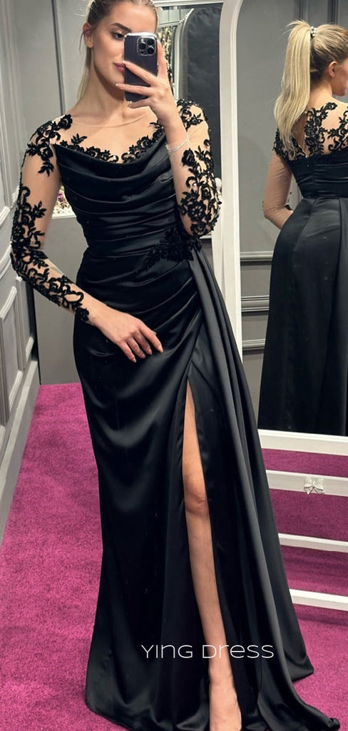 Long Sleeves Mermaid Black Satin Appliqyes Long Evening Prom Dresses, Side Slit Prom Dress, YD0165