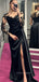 Long Sleeves Mermaid Black Satin Appliqyes Long Evening Prom Dresses, Side Slit Prom Dress, YD0165