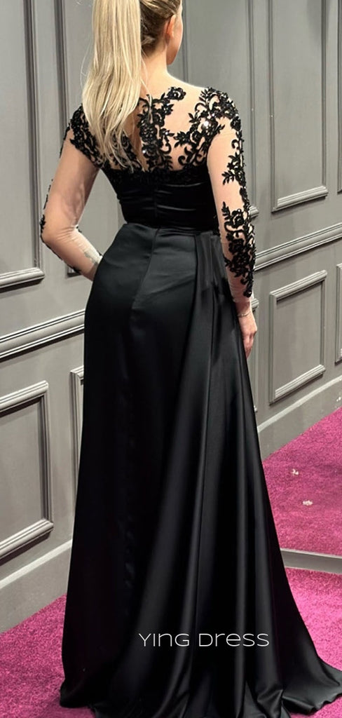 Long Sleeves Mermaid Black Satin Appliqyes Long Evening Prom Dresses, Side Slit Prom Dress, YD0165