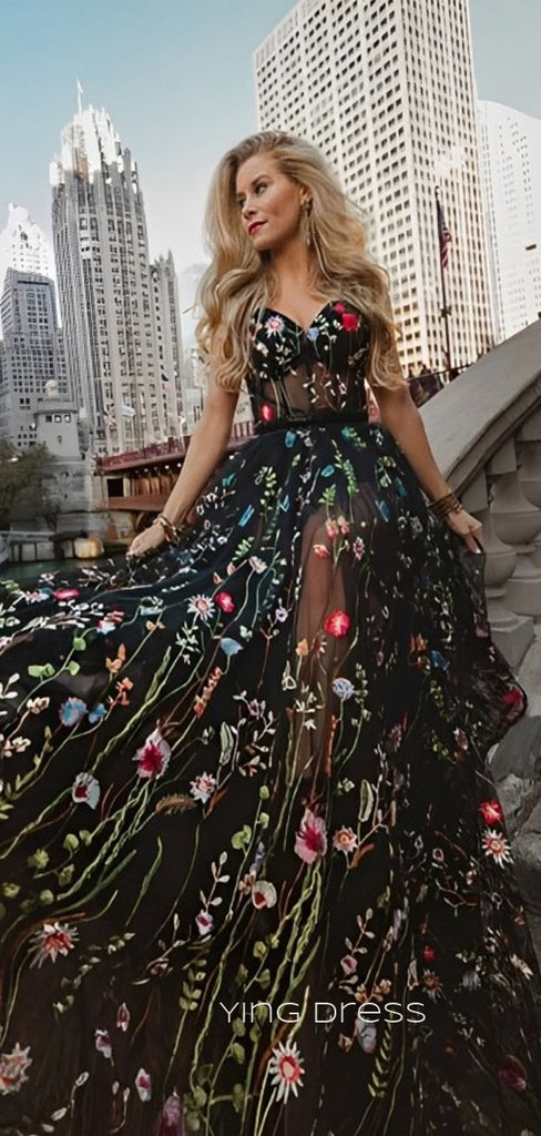 Spaghetti Straps Black Lace Long Evening Prom Dresses, Cheap Custom A-line Prom Dress, YD0167