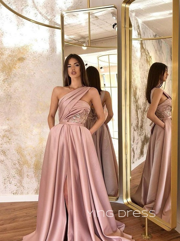 Formal A-line Satin Side Slit Long Evening Prom Dresses, Custom One Shoulder Prom Dress, YD0168