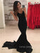 V-neck Black Mermaid Long Evening Prom Dresses, Cheap Spaghetti Straps Prom Dress, YD0171