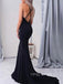 V-neck Black Mermaid Long Evening Prom Dresses, Cheap Spaghetti Straps Prom Dress, YD0171