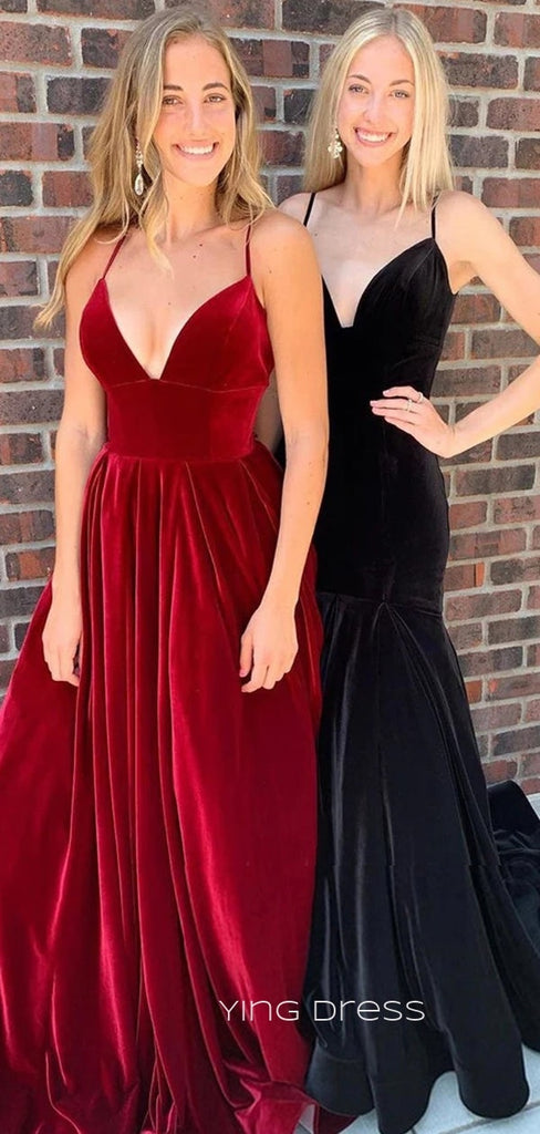 Spaghetti Straps V-neck Velvet Long Evening Prom Dresses, Cheap Formal Prom Dress, YD0172