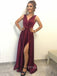 Burgundy Satin A-line V-neck Long Evening Prom Dresses, Cheap Side Slit Prom Dress, YD0173