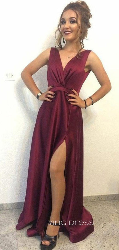 Burgundy Satin A-line V-neck Long Evening Prom Dresses, Cheap Side Slit Prom Dress, YD0173