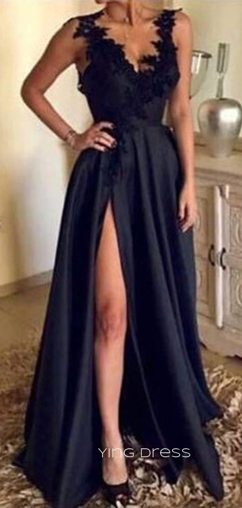 V-neck Black Satin Appliques Long Evening Prom Dresses, A-line Cheap Prom Dress, YD0174