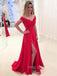 A-line Red Side Slit Long Evening Prom Dresses, Off Shoulder Cheap Prom Dress, YD0175