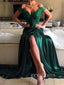 Emerald Green Satin Appliques A-line Long Evening Prom Dresses, Cheap Off Shoulder Prom Dress, YD0176