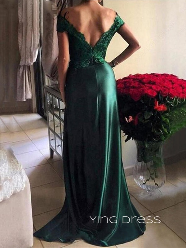 Emerald Green Satin Appliques A-line Long Evening Prom Dresses, Cheap Off Shoulder Prom Dress, YD0176