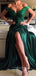 Emerald Green Satin Appliques A-line Long Evening Prom Dresses, Cheap Off Shoulder Prom Dress, YD0176