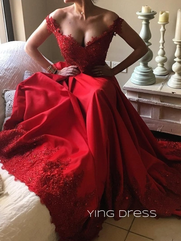 Off Shoulder Red Appliques A-line Long Evening Prom Dresses, Cheap Custom Prom Dress, YD0177